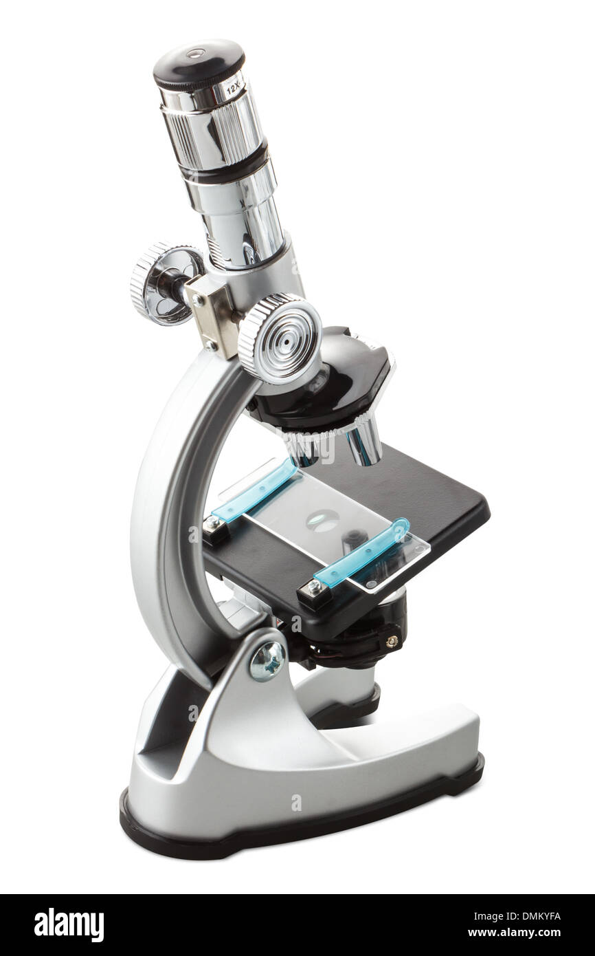 Un microscopio de juguete aislado en blanco Foto de stock