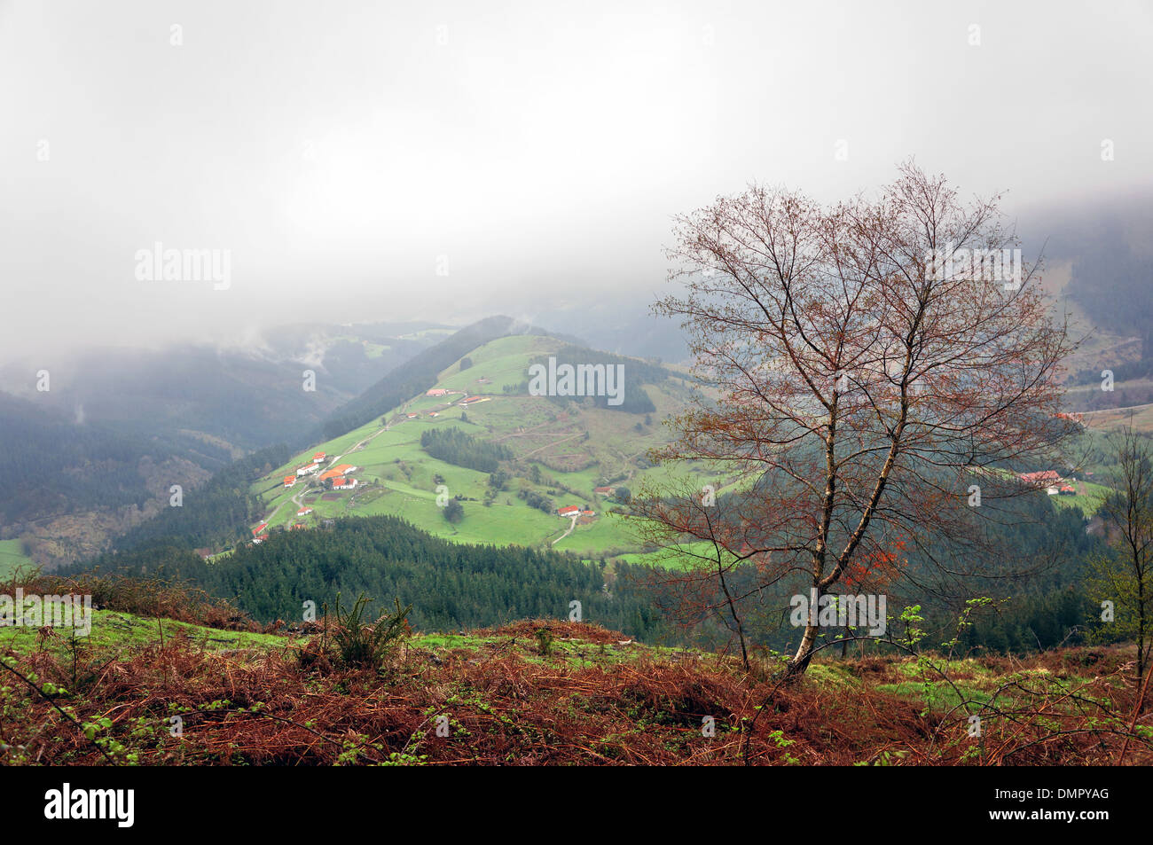 Pueblo en el campo con algunos de los típicos caseríos vascos en el Misty Mountain Foto de stock