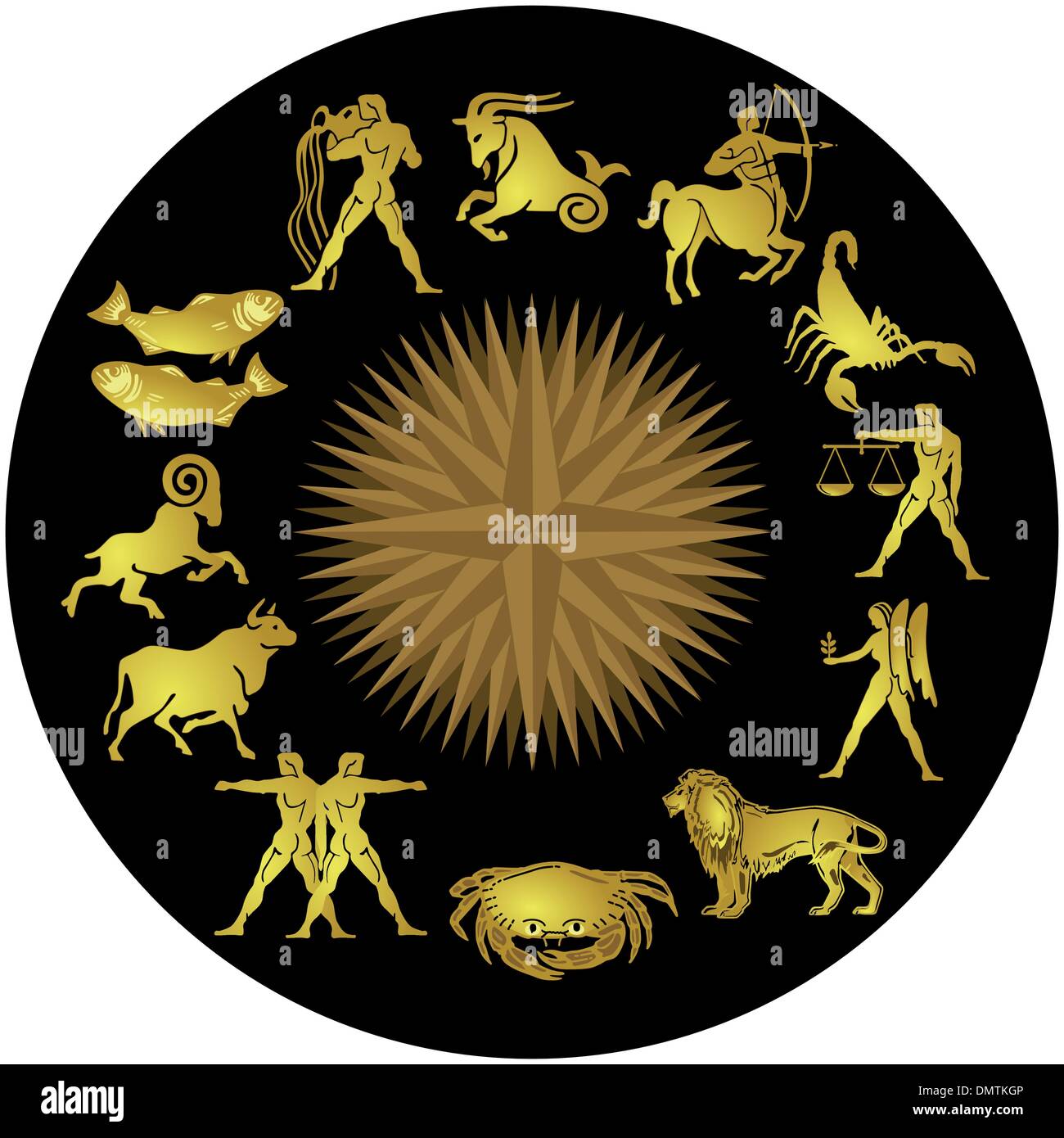 Dorado sobre negro Zodiaco Ilustración del Vector