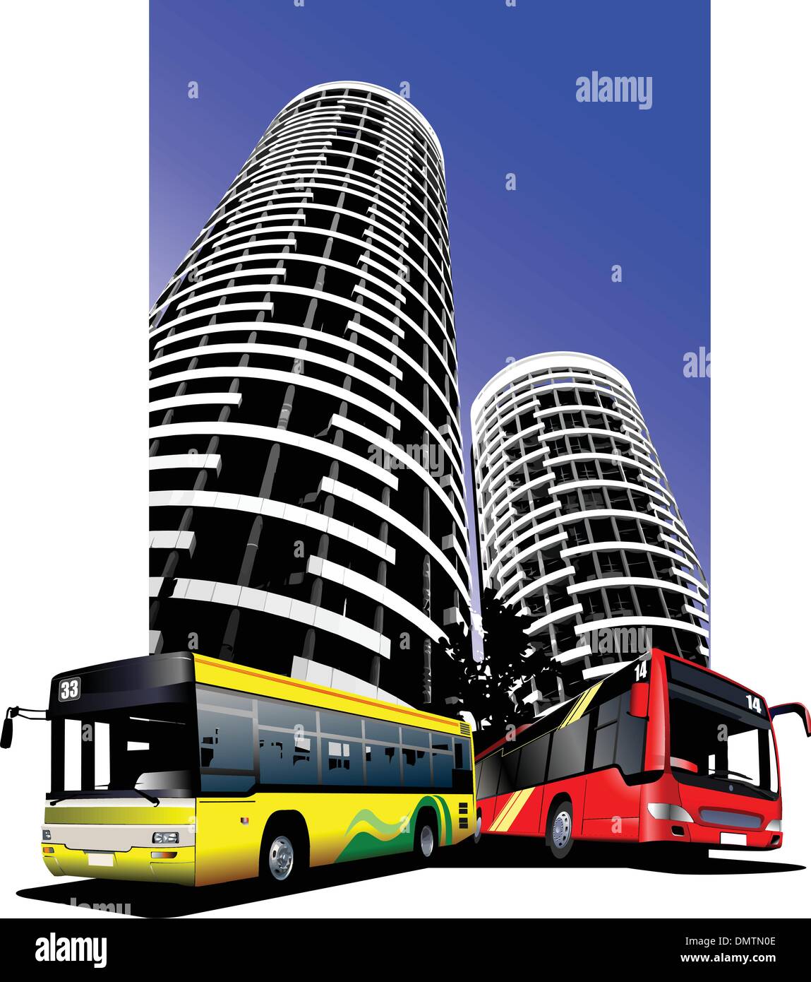 El transporte urbano de la ciudad de fondo. Los autobuses. Ilustración vectorial Ilustración del Vector