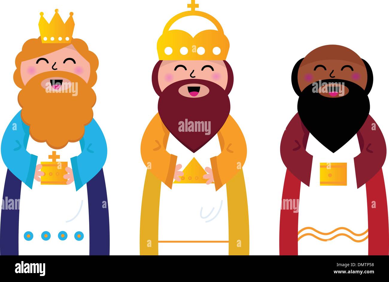 Tres reyes magos trayendo regalos a Cristo, aislado en blanco Imagen