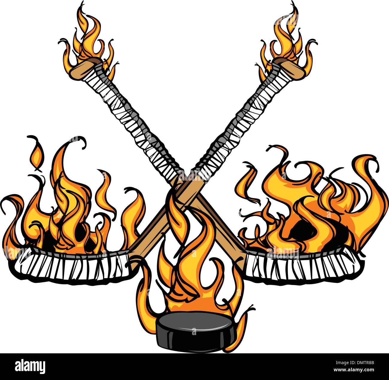Palos de hockey y Puck Flaming Cartoon ilustración Imagen Vector de