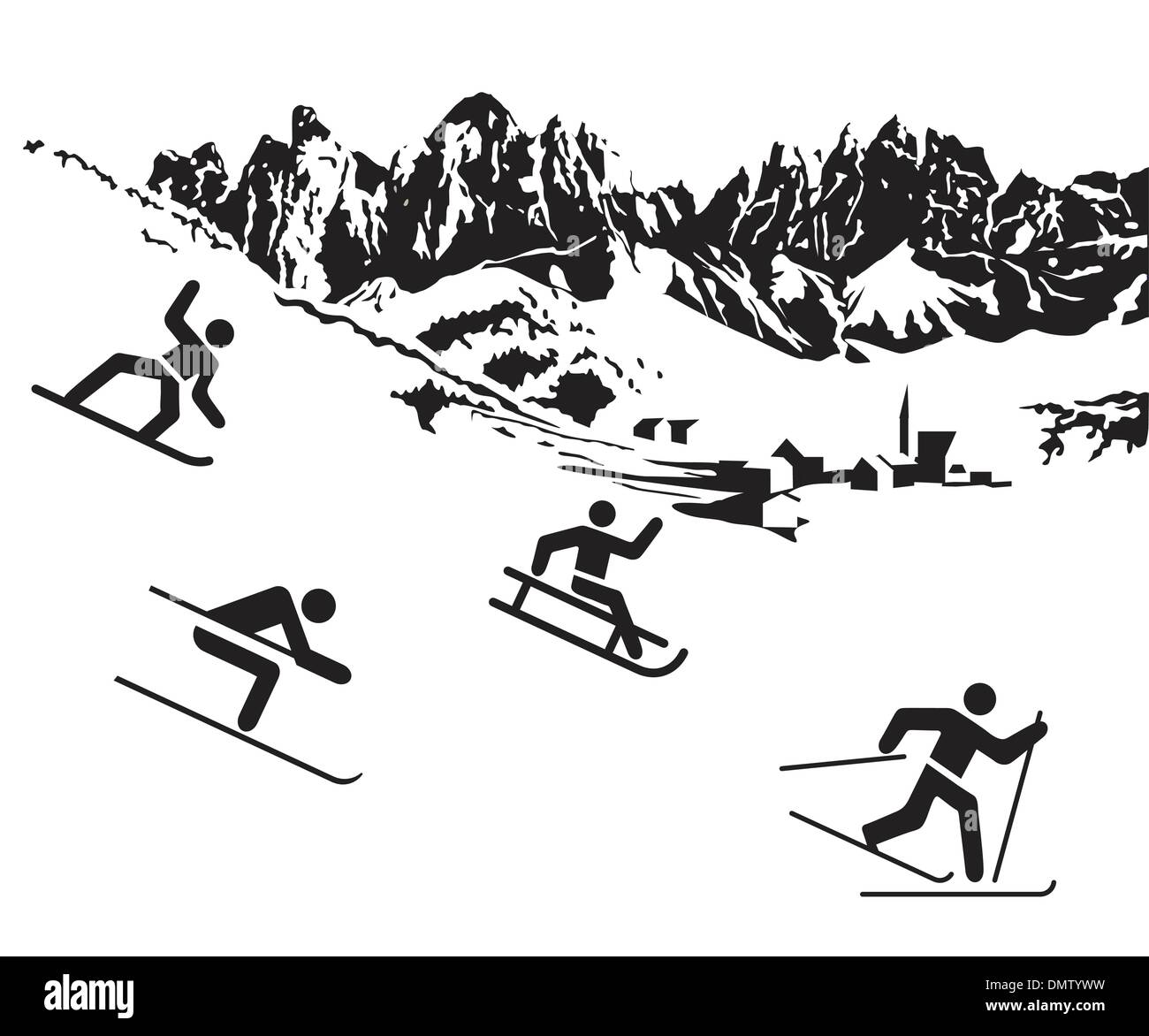 Deportes de invierno blanco sobre negro Ilustración del Vector