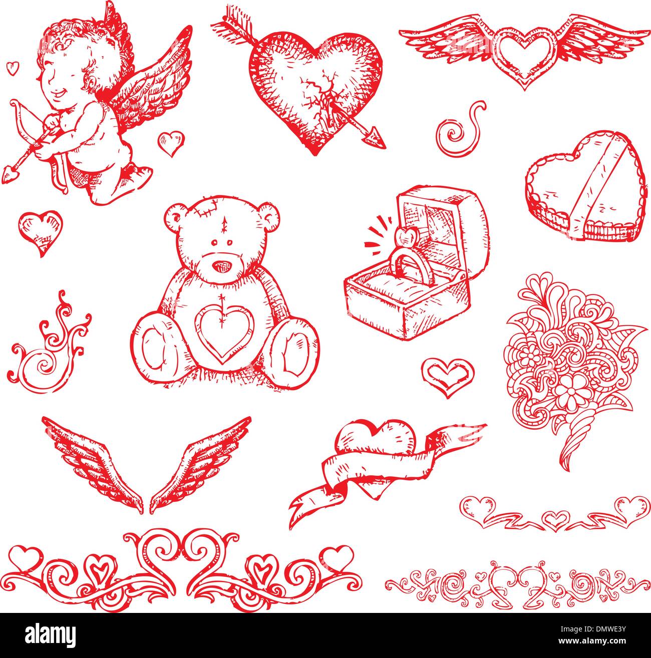 El día de San Valentín elementos dibujados a mano Ilustración del Vector