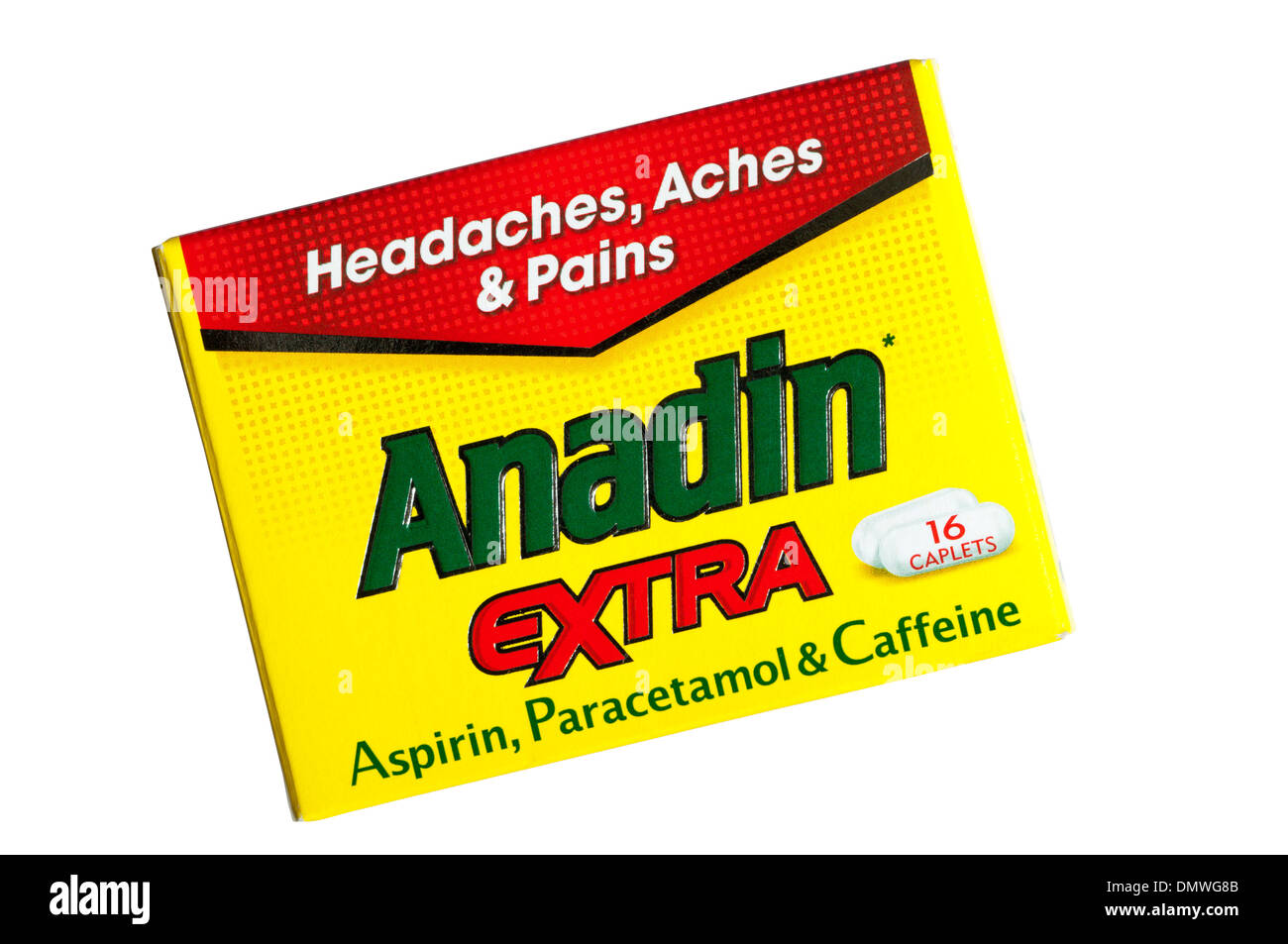 Un cuadro de Anadin extra para el alivio de dolores de cabeza, dolores y dolores. Foto de stock