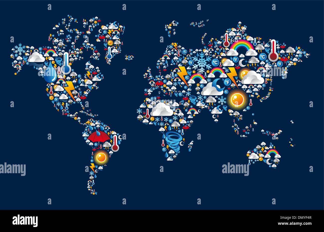 Clima conjunto de iconos en el mapa mundial de forma Ilustración del Vector