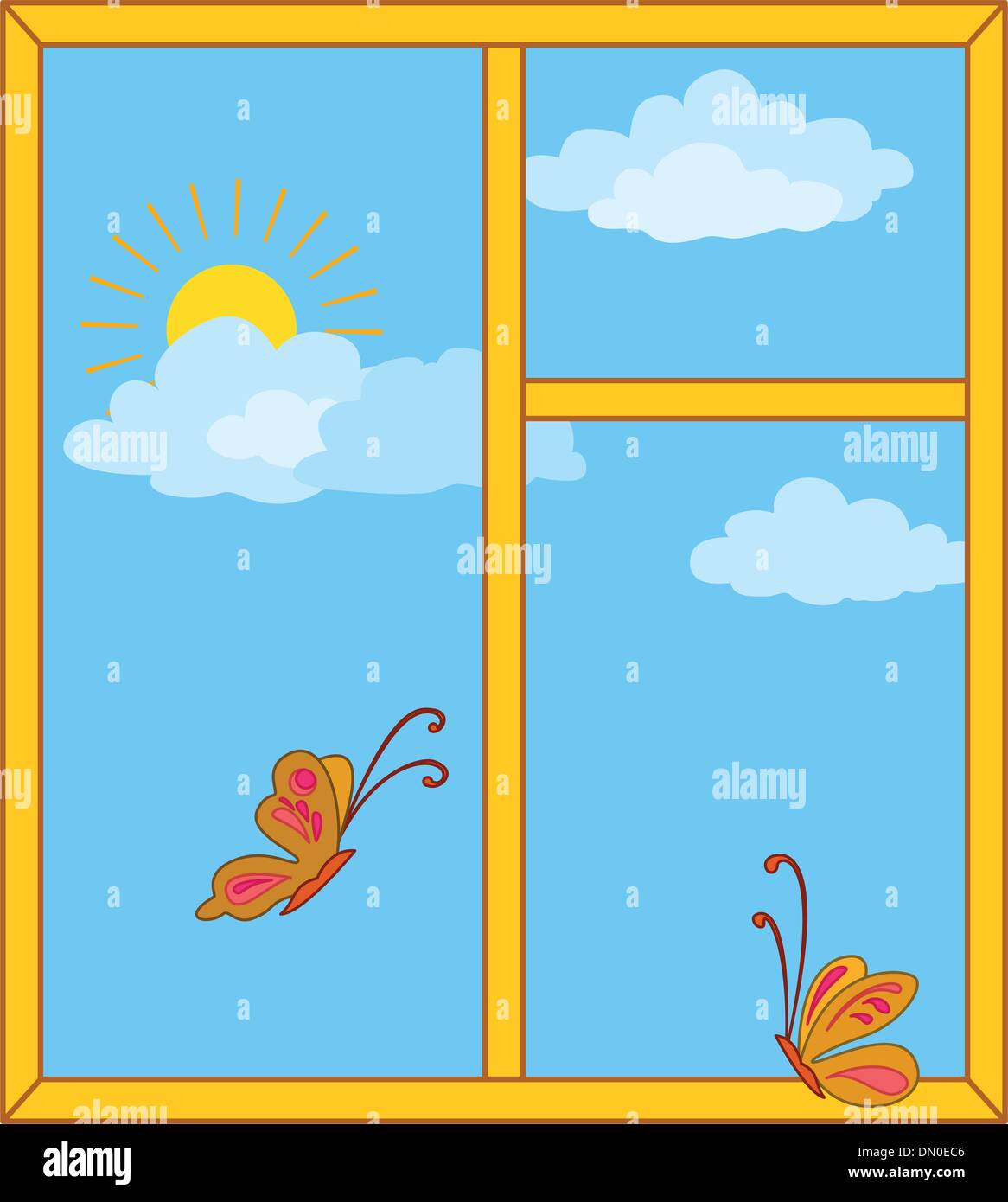 Ventana con cielo, sol y mariposas Ilustración del Vector