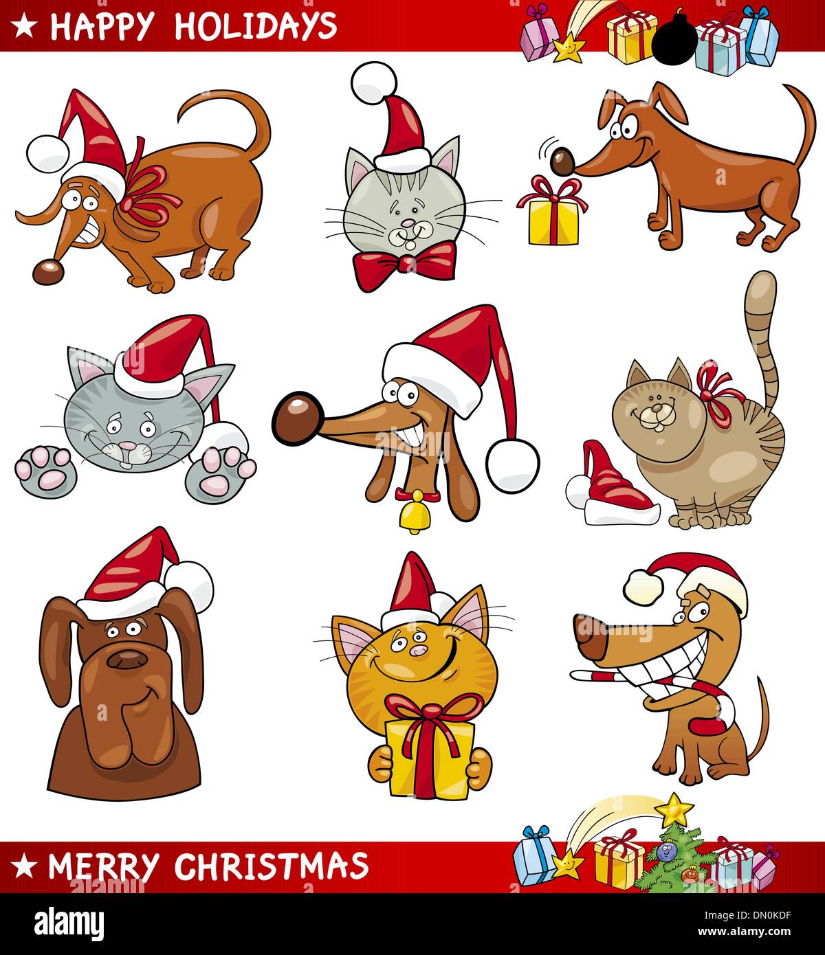 Conjunto de dibujos animados de gatos y perros de Navidad Imagen Vector de  stock - Alamy