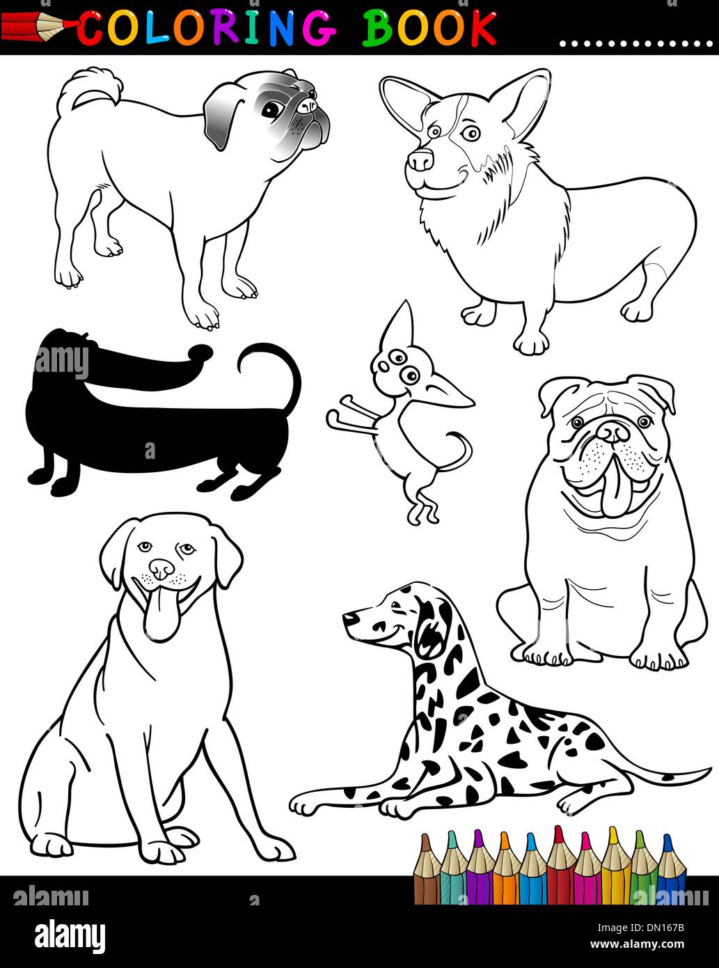 Perros de dibujos animados para colorear libro o página Imagen Vector de  stock - Alamy