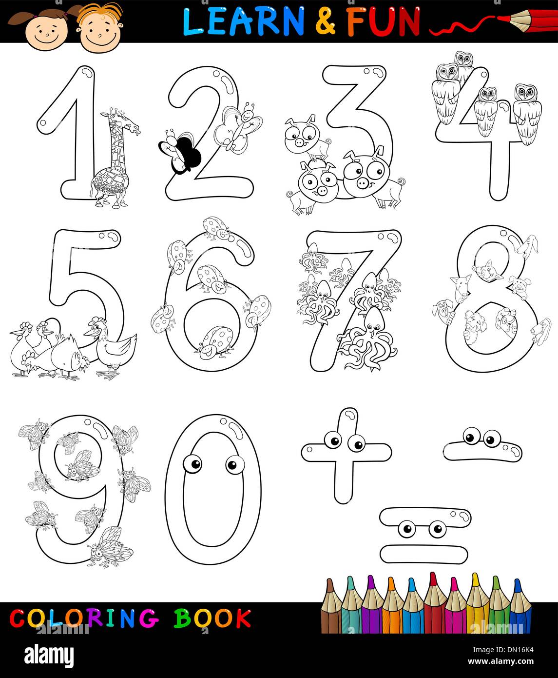 Números con animales de dibujos animados para colorear Imagen Vector de  stock - Alamy
