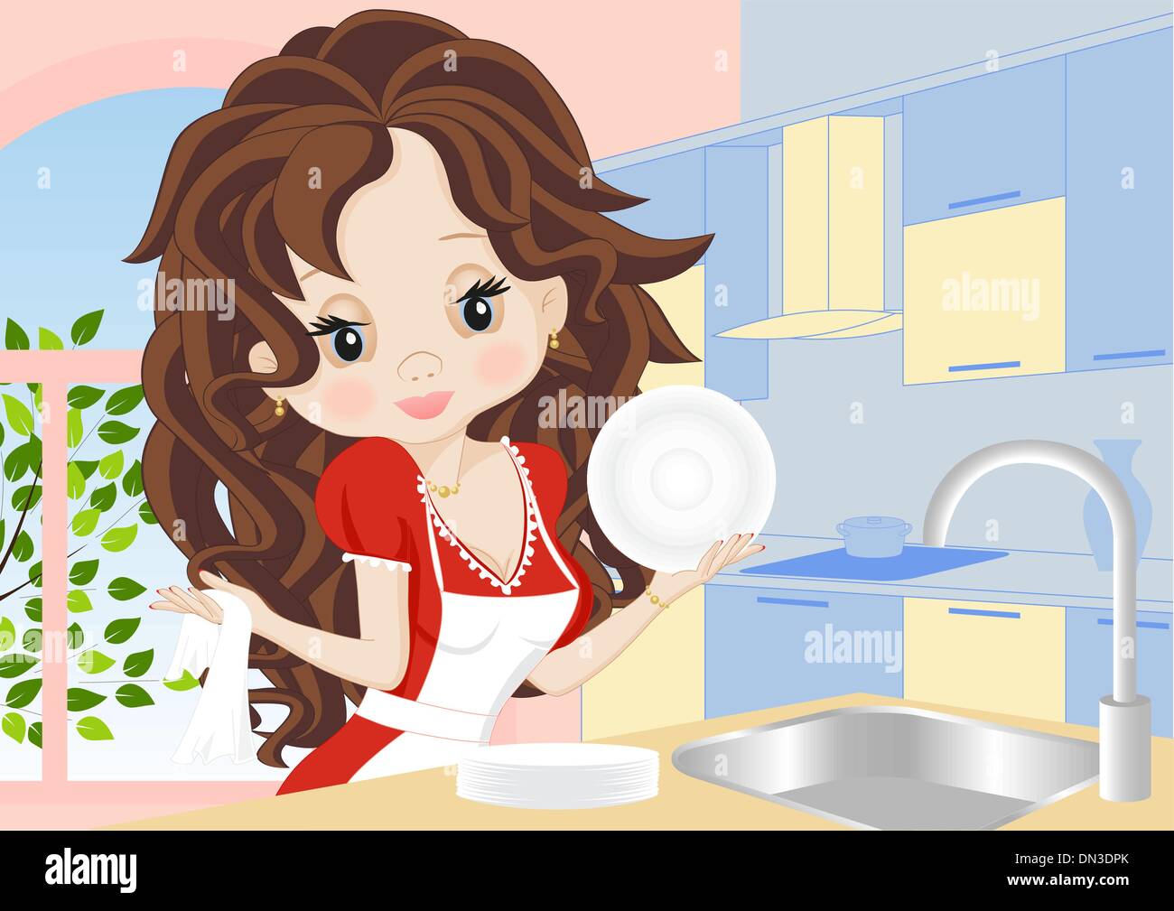 Mujer limpia los platos en la cocina Ilustración del Vector