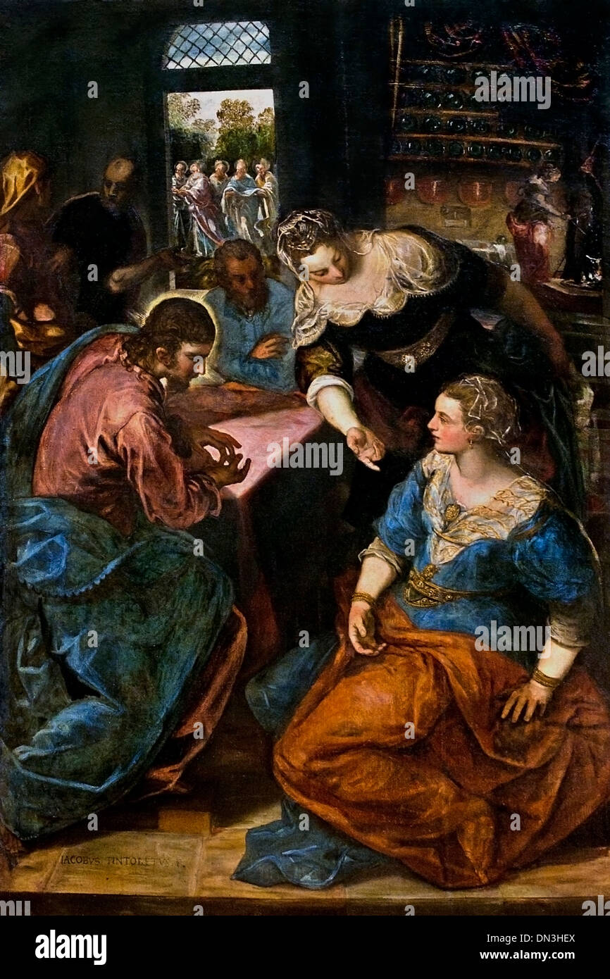 Christus bei Maria und Martha - Cristo con María y Marta de Tintoretto ( Jacopo Comin ) 1518 - 1594) Pintor italiano Jacopo Tintoretto (nombre real Foto de stock