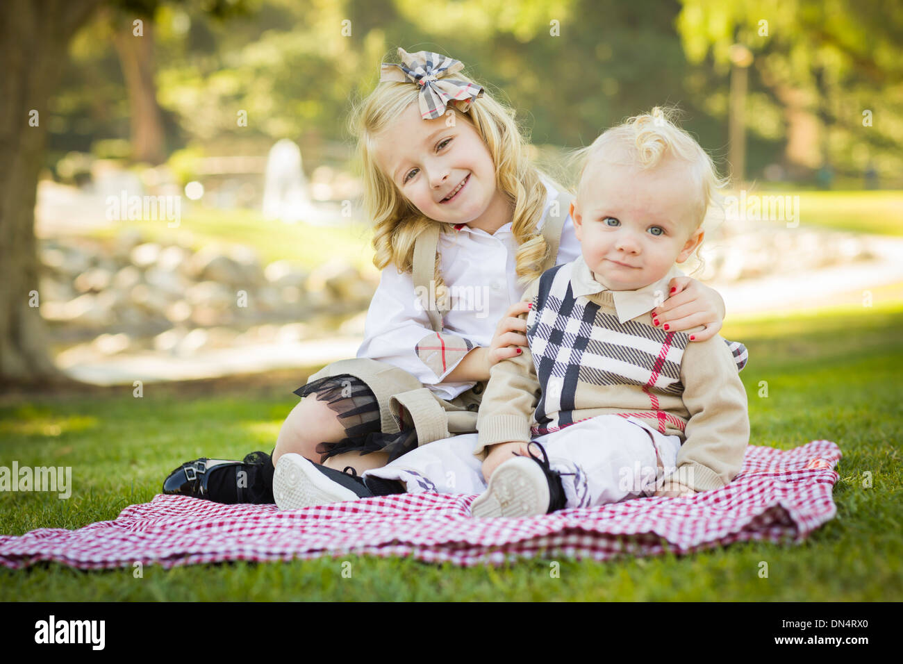 Dulce Niña abraza a su hermano bebé sobre una manta para picnic al aire  libre en el parque Fotografía de stock - Alamy