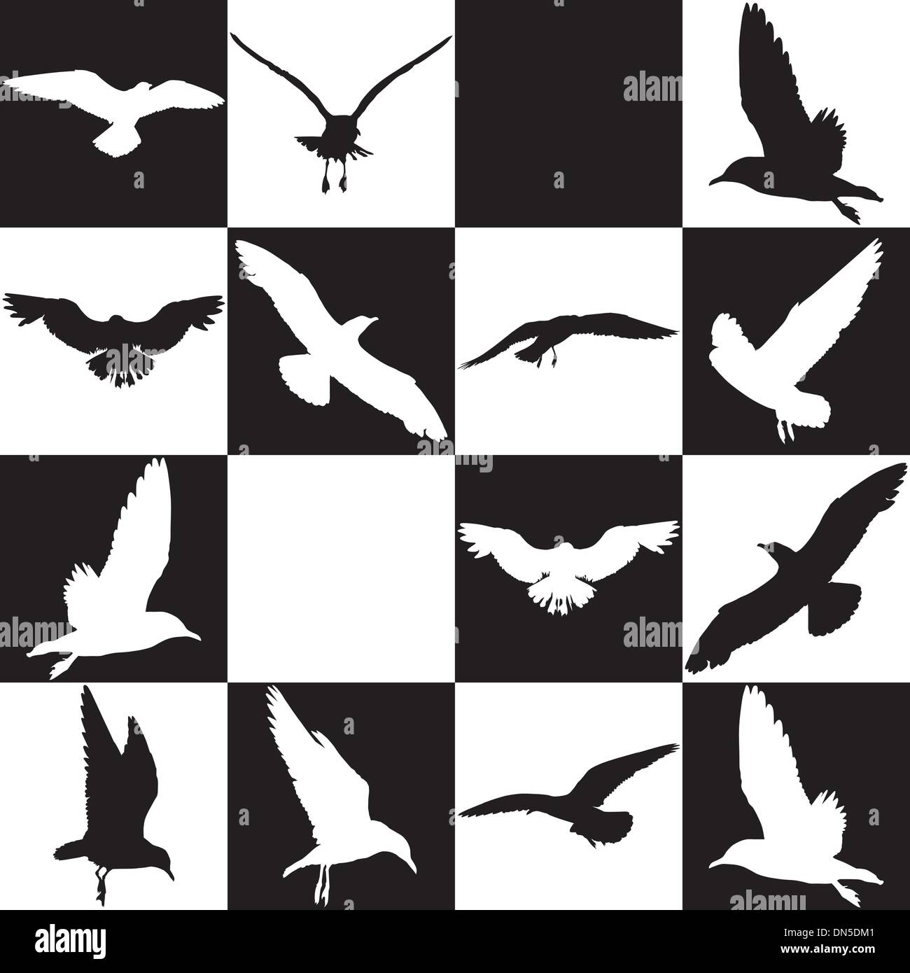 Fondo blanco y negro con gaviotas Ilustración del Vector