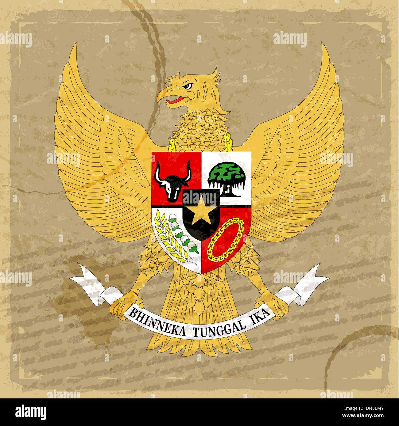 Escudo de armas de Indonesia en una vieja hoja de papel Imagen Vector