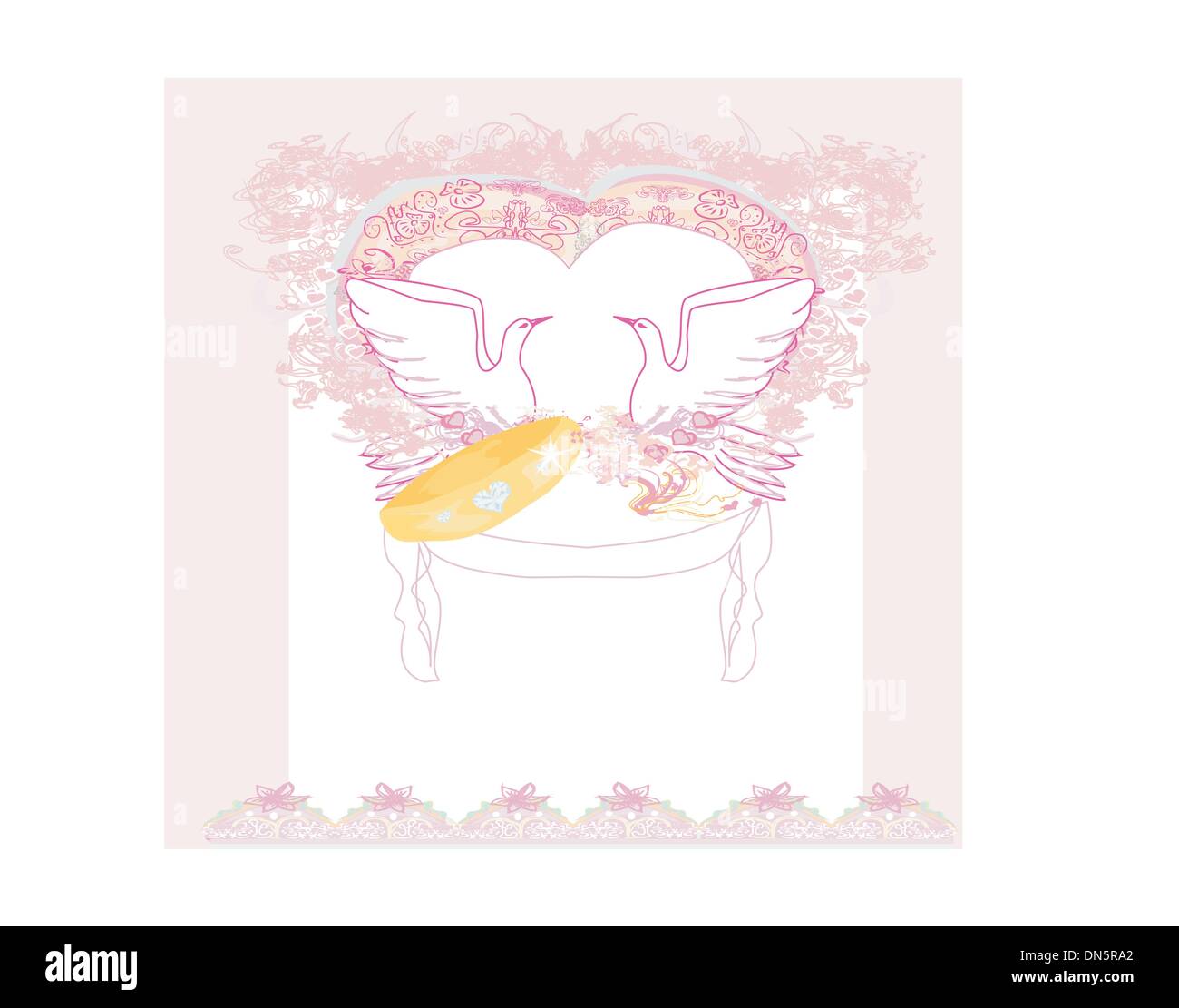 Tarjeta romántica con pájaros del amor y los anillos de bodas de oro Ilustración del Vector