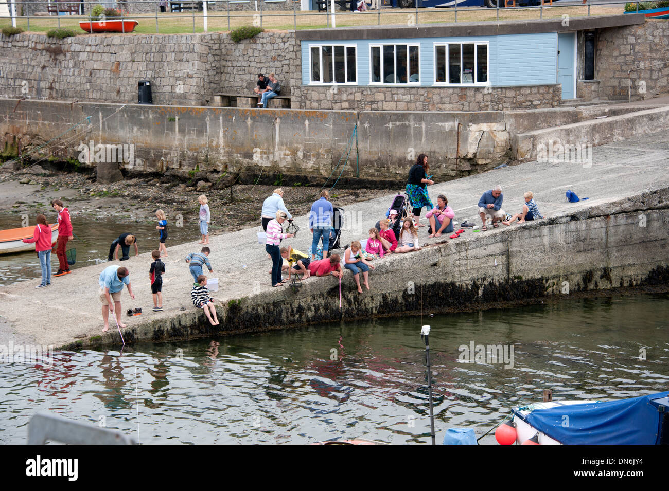 Los turistas niños almejas atrapar cangrejos Porthleven Cornwall UK Foto de stock