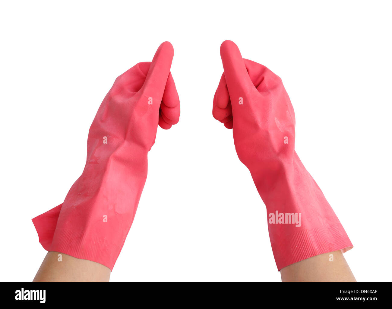 Guantes para limpieza rojo en el brazo de los womans show Thumbs up Foto de stock