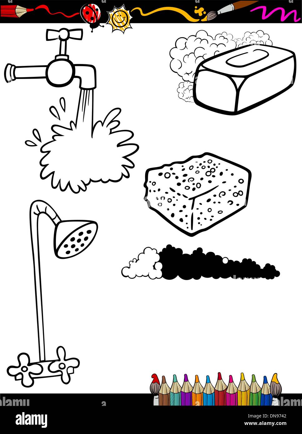 Página para colorear objetos de higiene de dibujos animados Imagen Vector  de stock - Alamy