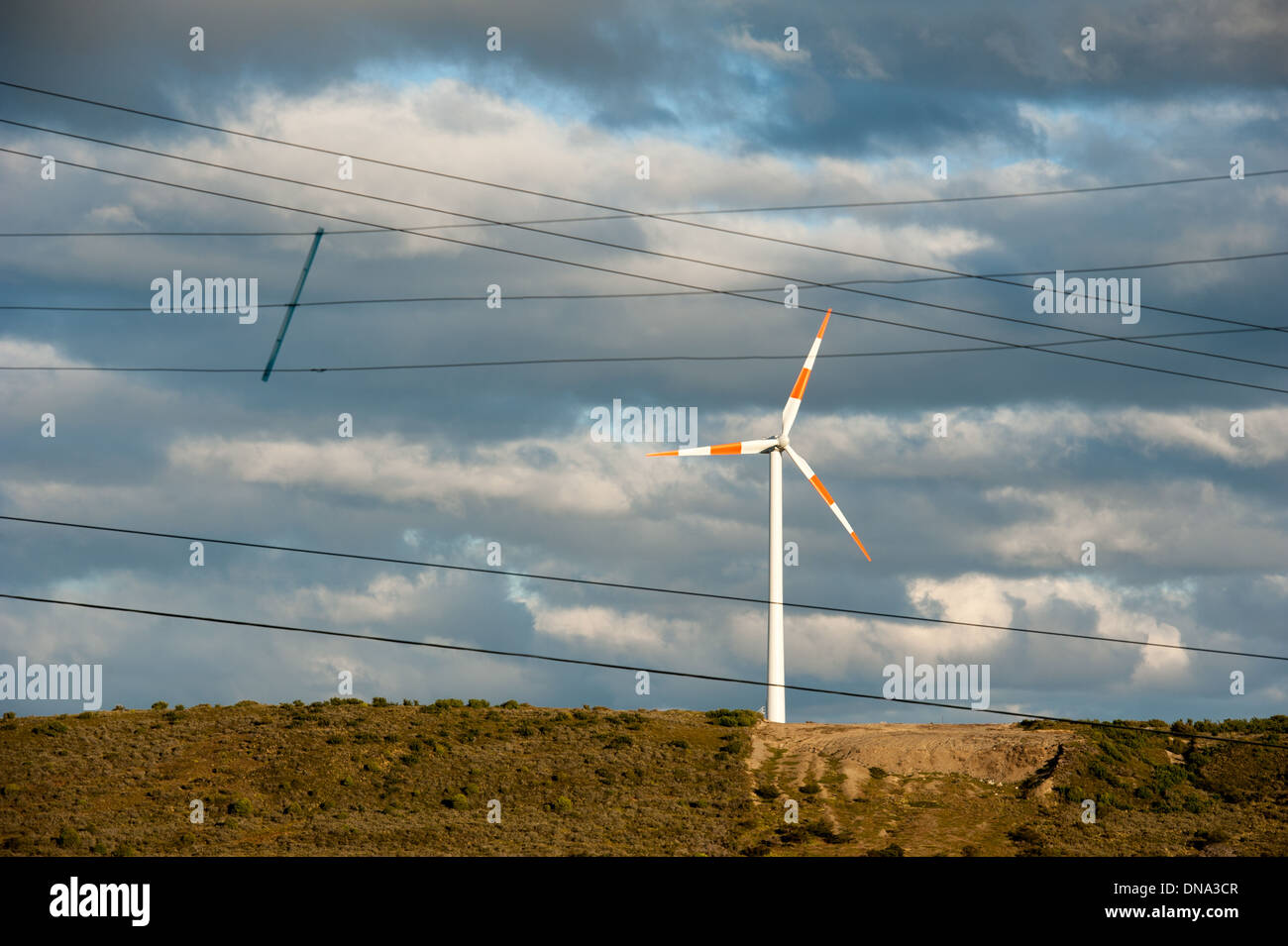 La energía eólica y líneas eléctricas cerca de Punta Arenas, Chile. Foto de stock