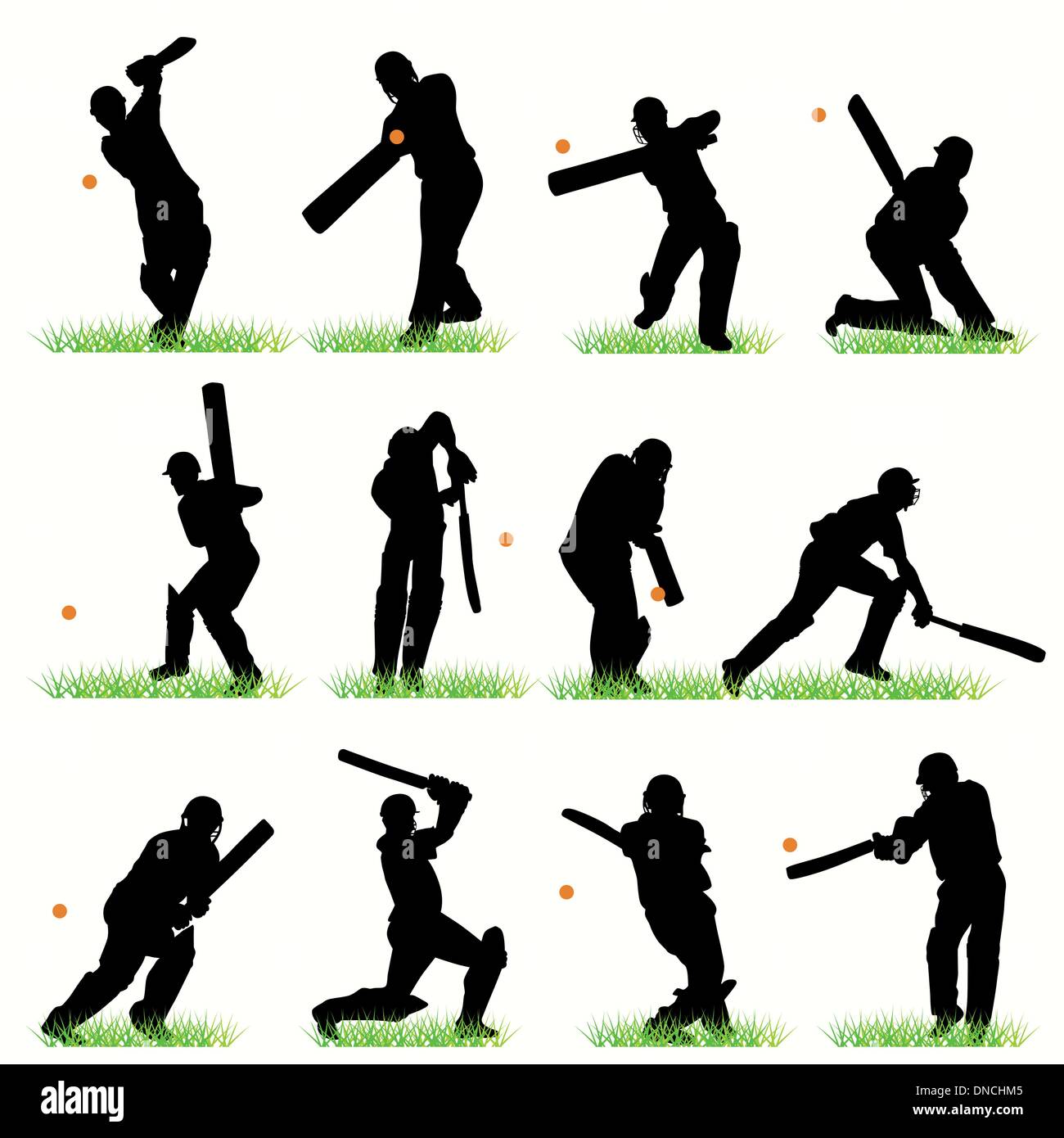 Conjunto de siluetas de críquet Ilustración del Vector