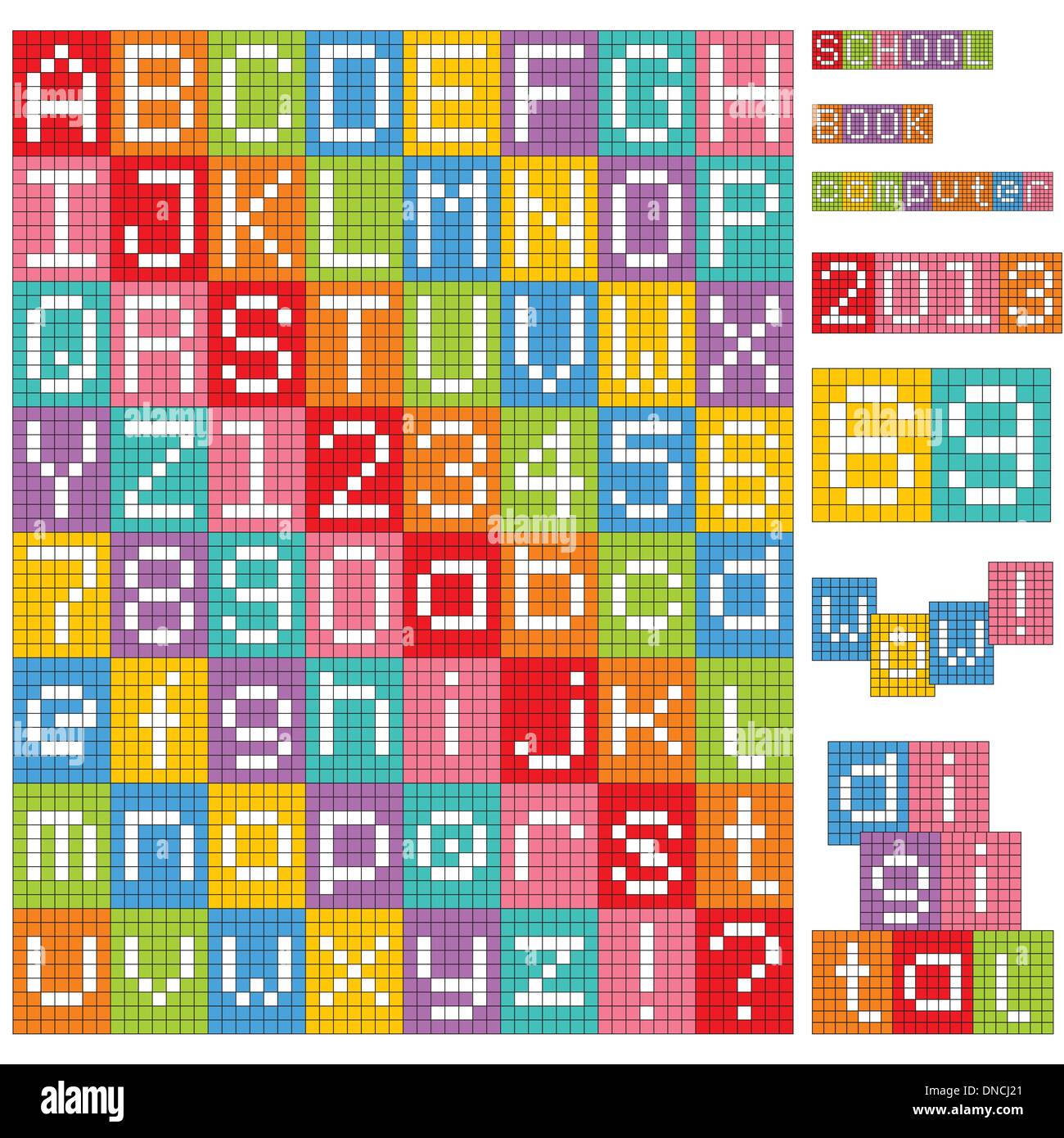 Alfabeto de píxeles. Conjunto de todos los números y letras. Ilustración del Vector