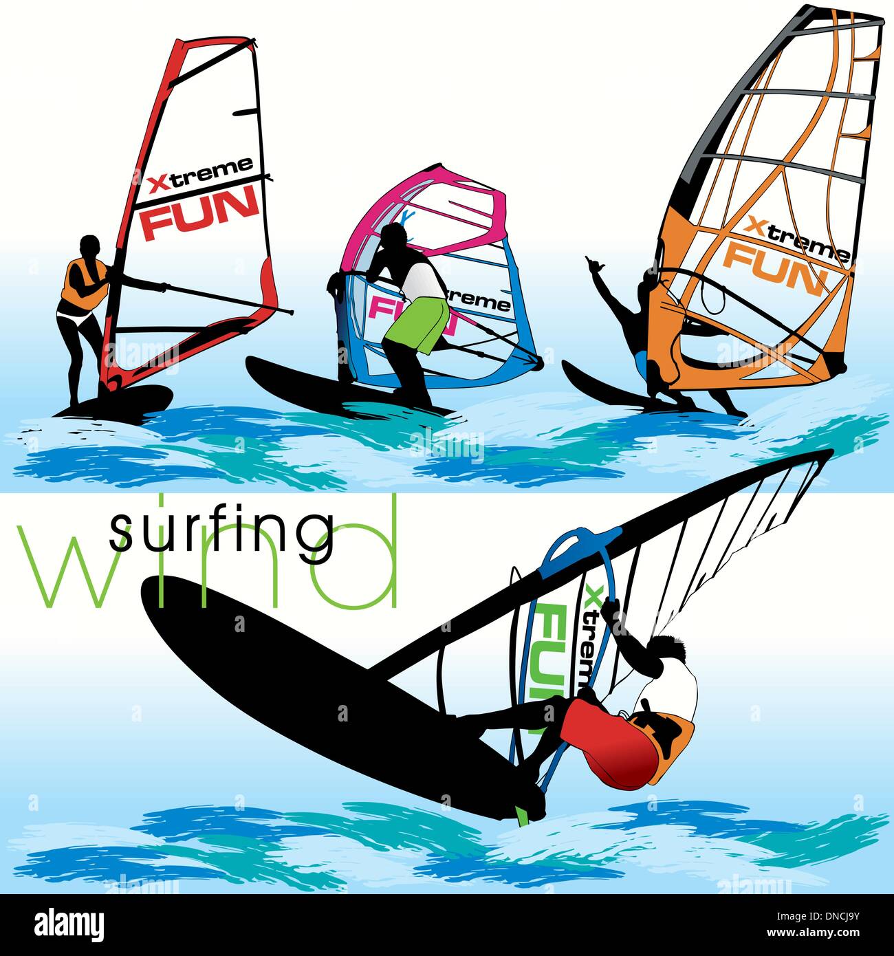 El conjunto de acciones de Windsurf Ilustración del Vector