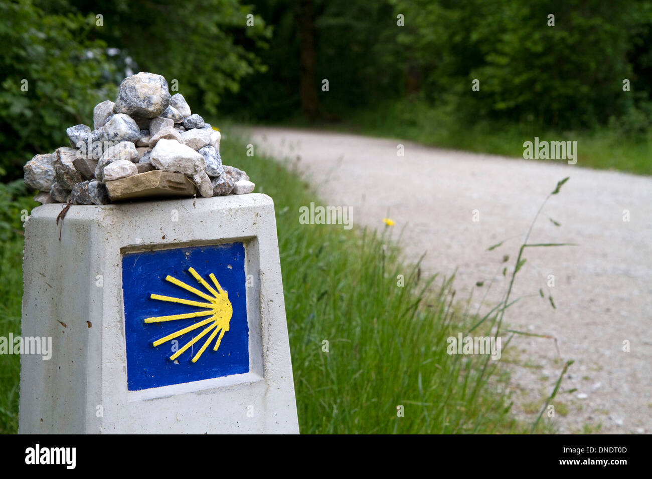 El marcador a lo largo del Camino de Santiago, el Camino de Santiago, Navarra, España. Foto de stock