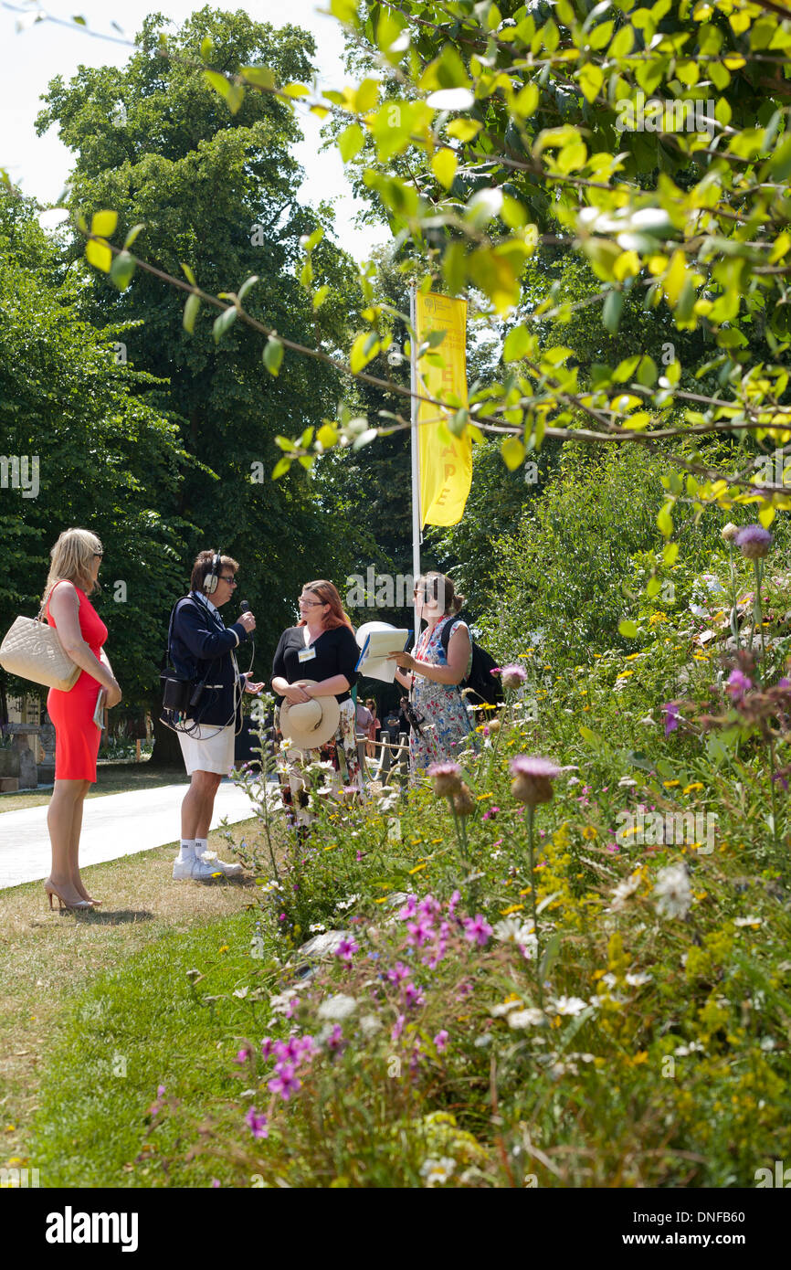 Una reportera de noticias entrevista a un diseñador de jardines, Hampton Court Flower Show 2013. Foto de stock