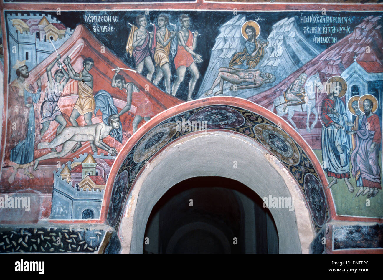 La parábola del buen samaritano, 1682 Fresco o Pintura mural, Monasterio Kaisariani Atenas Grecia Foto de stock