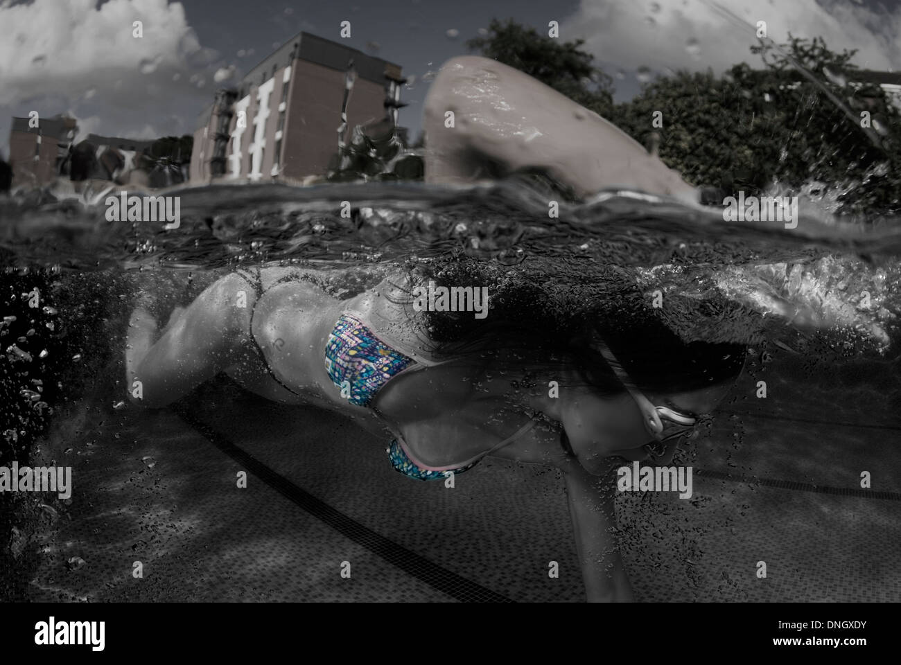 En el marco de foto de una chica en un bikini estampado azul frontal de natación en la piscina descubierta de rastreo. La vacuna es la mitad de la mitad de arriba abajo Foto de stock