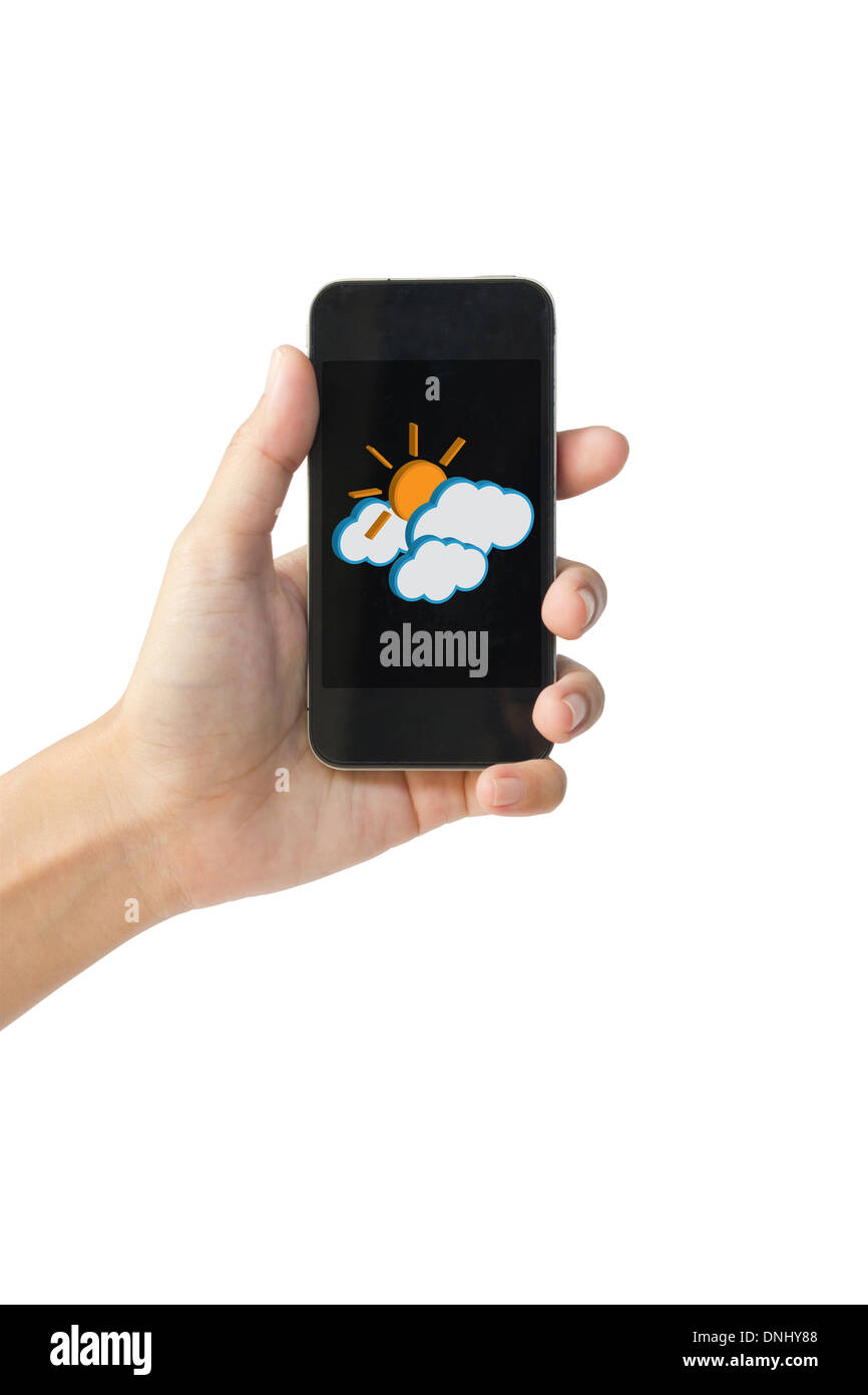 Sol y nublado en el icono de teléfono táctil aislado en blanco Foto de stock