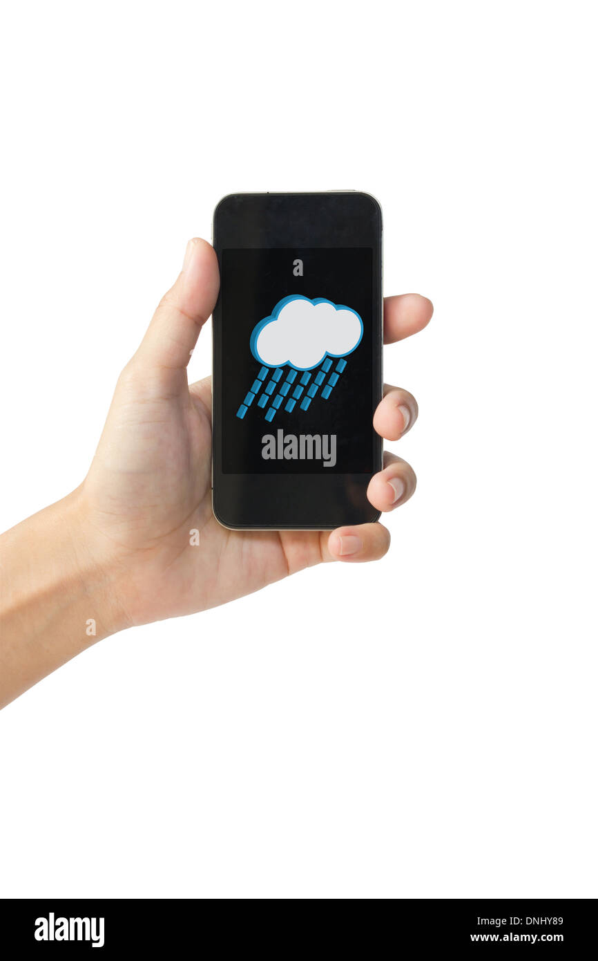 Icono de lluvia en pantalla táctil teléfono. Foto de stock