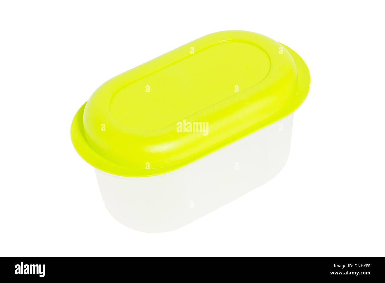 Contenedor plástico de alimentos vacíos con tapa verde aislado en blanco. Foto de stock