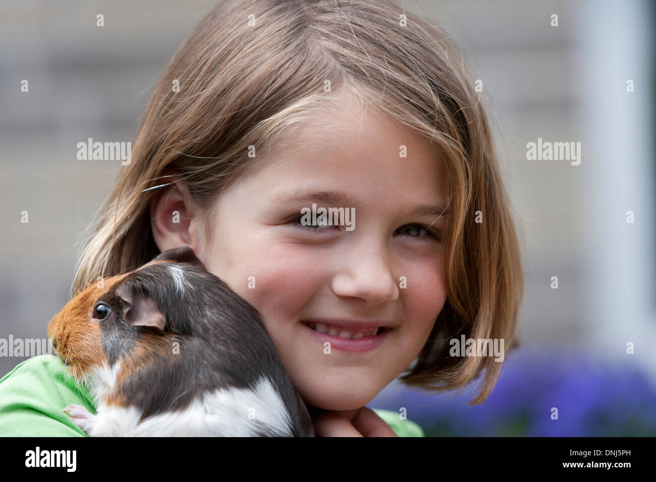 Retrato de una niña de 10 años feliz con su conejillo de indias Foto de stock