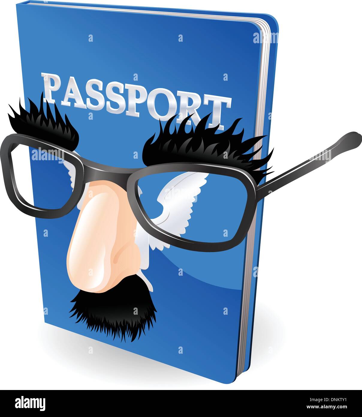 Concepto de robo de identidad. Llevaba un pasaporte falso disfraz de gafas y nariz. Ilustración del Vector