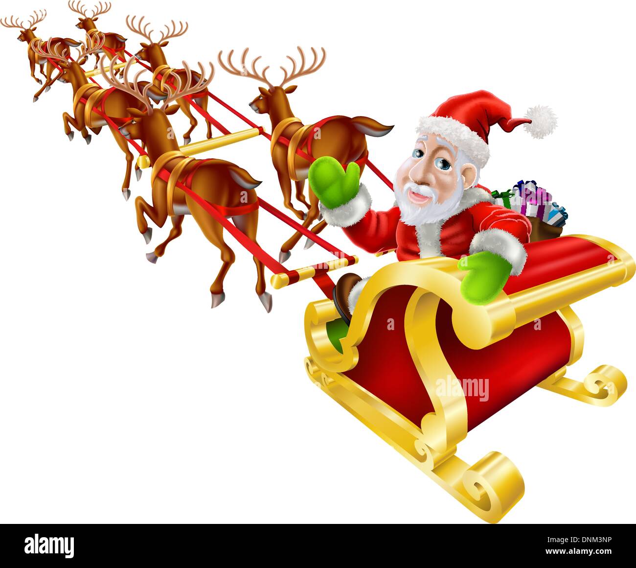 Ilustración de Navidad dibujos animados de Santa Claus volando en su trineo o trineo con renos y una bolsa de regalos de Navidad Imagen Vector de stock - Alamy Ilustración de Navidad dibujos animados de Santa Claus volando en su trineo o trineo con renos y una bolsa de regalos de Navidad Imagen Vector de stock - Alamy
