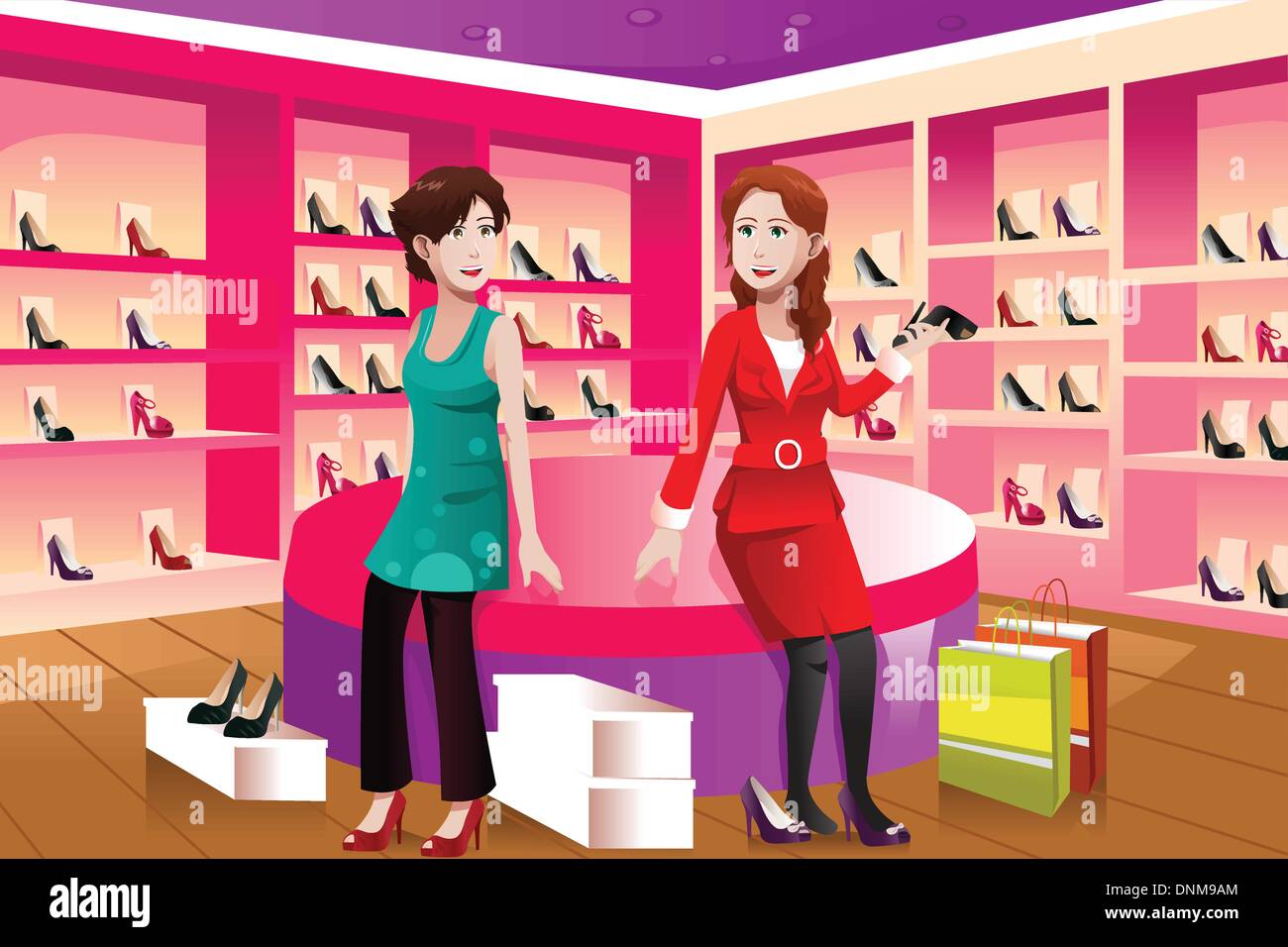 Una ilustración vectorial de feliz mujer comprando zapatos en una tienda de  zapatos Imagen Vector de stock - Alamy