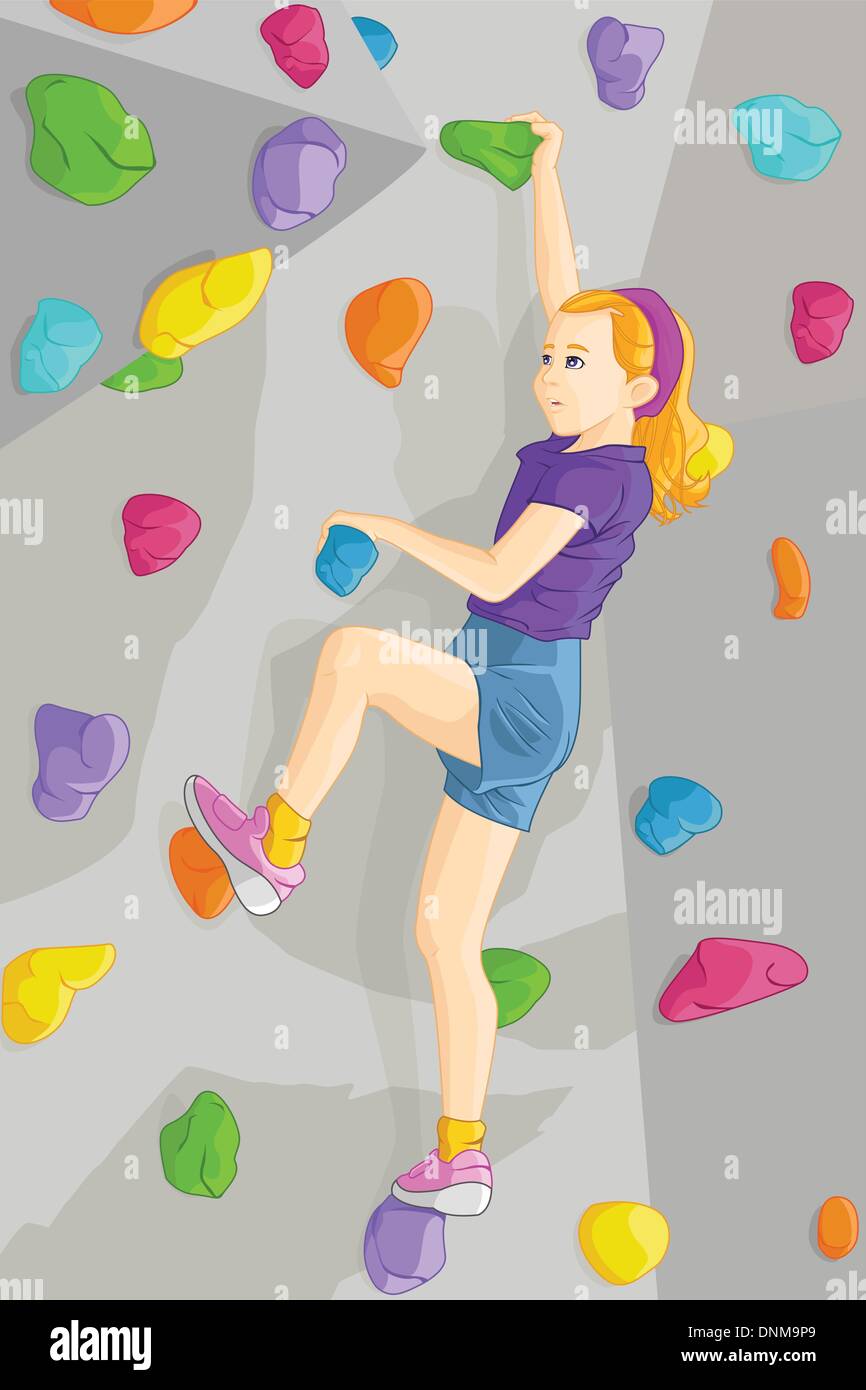 Niño de dibujos animados escalada pared de roca