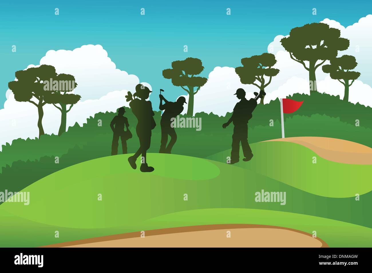 Una ilustración vectorial de unos pocos jugadores de golf en un campo de golf Ilustración del Vector