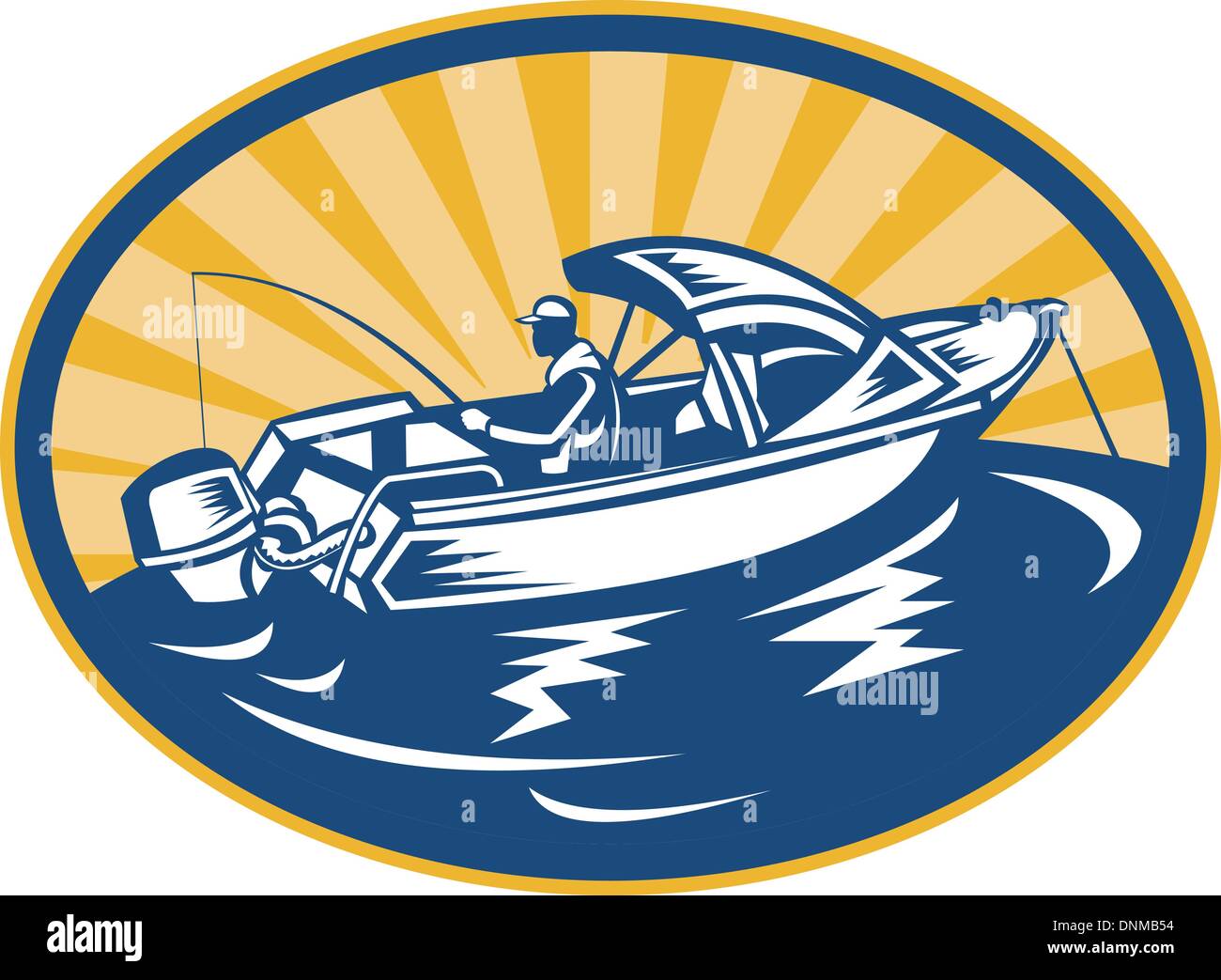 Ilustración de un pescador con caña de pescar en barco dentro de una elipse Ilustración del Vector