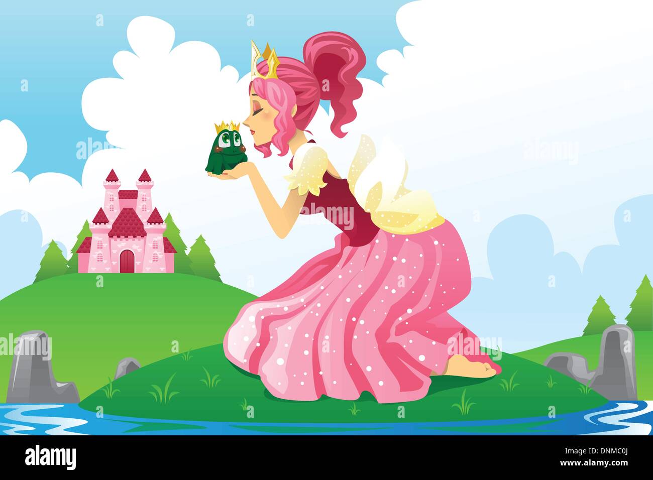 Una ilustración vectorial de un cuento de hadas de una princesa besar a una rana Ilustración del Vector