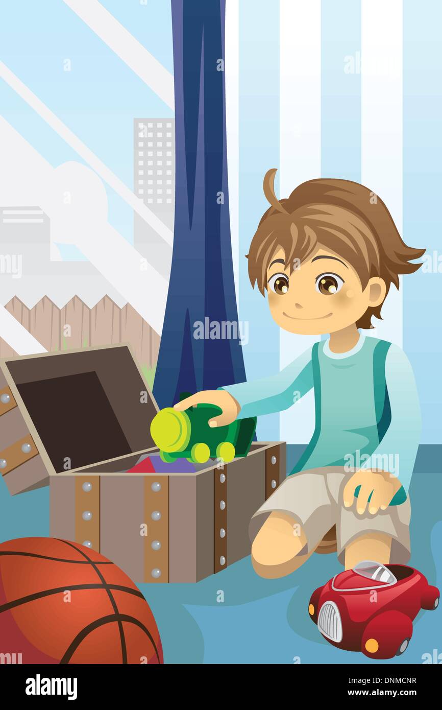 Una ilustración vectorial de un muchacho de la limpieza de sus juguetes y  ponerlos dentro del baúl de juguetes Imagen Vector de stock - Alamy