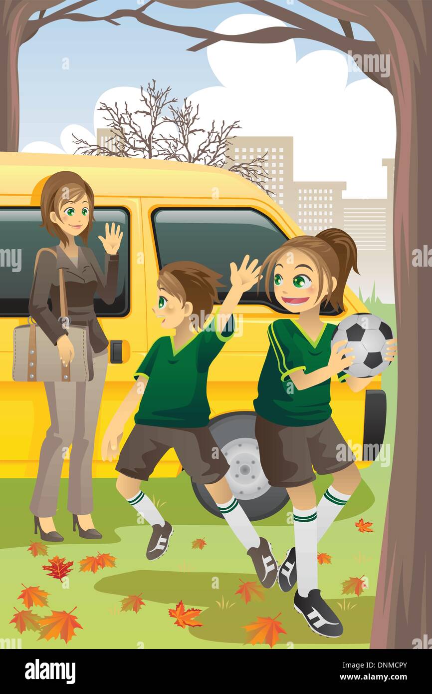 Una ilustración vectorial de una mamá caer de sus hijos a la práctica del fútbol Ilustración del Vector
