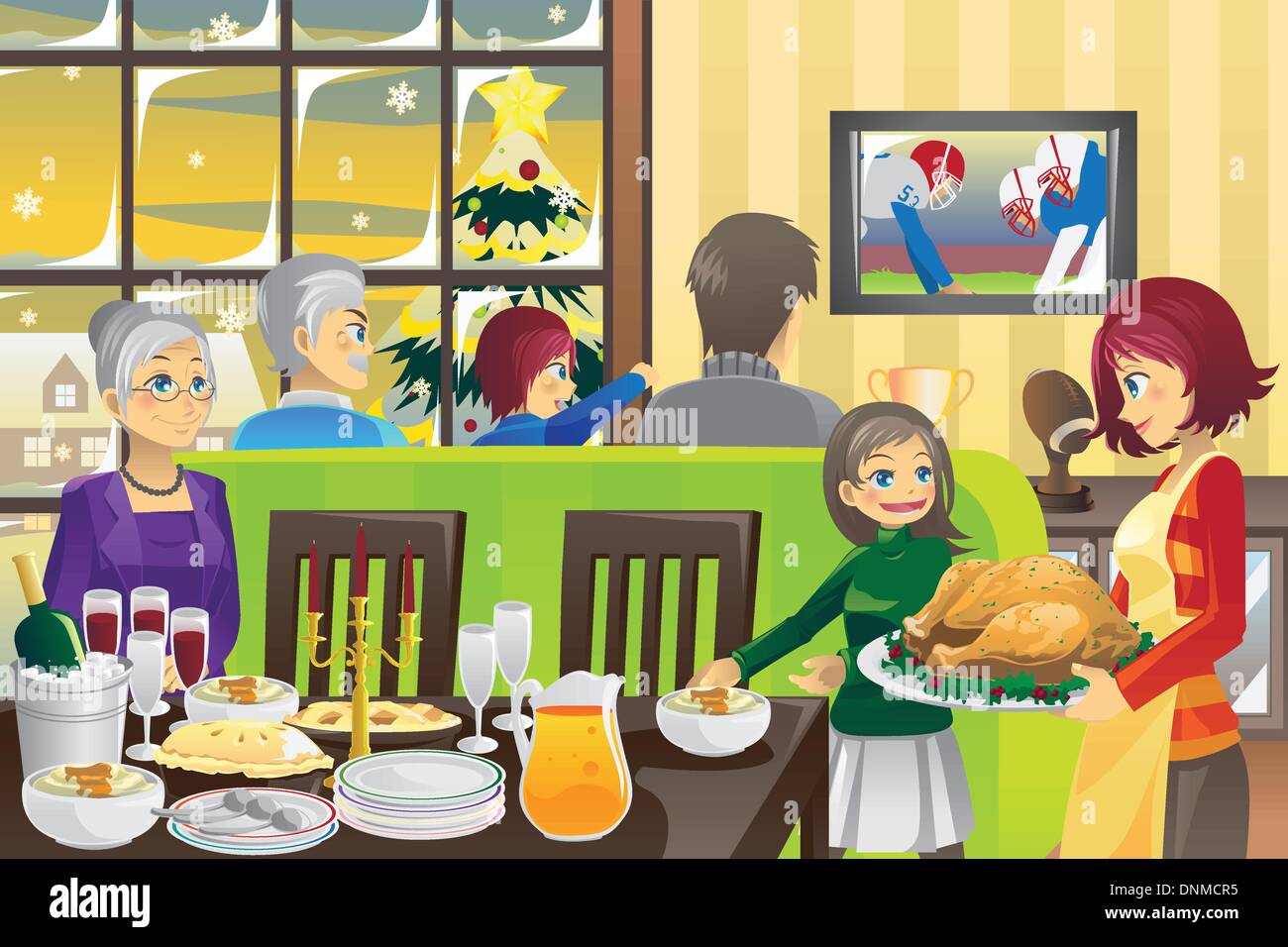 Una ilustración vectorial de una tradición familiar de la cena del Día de Acción de Gracias y viendo el fútbol Ilustración del Vector