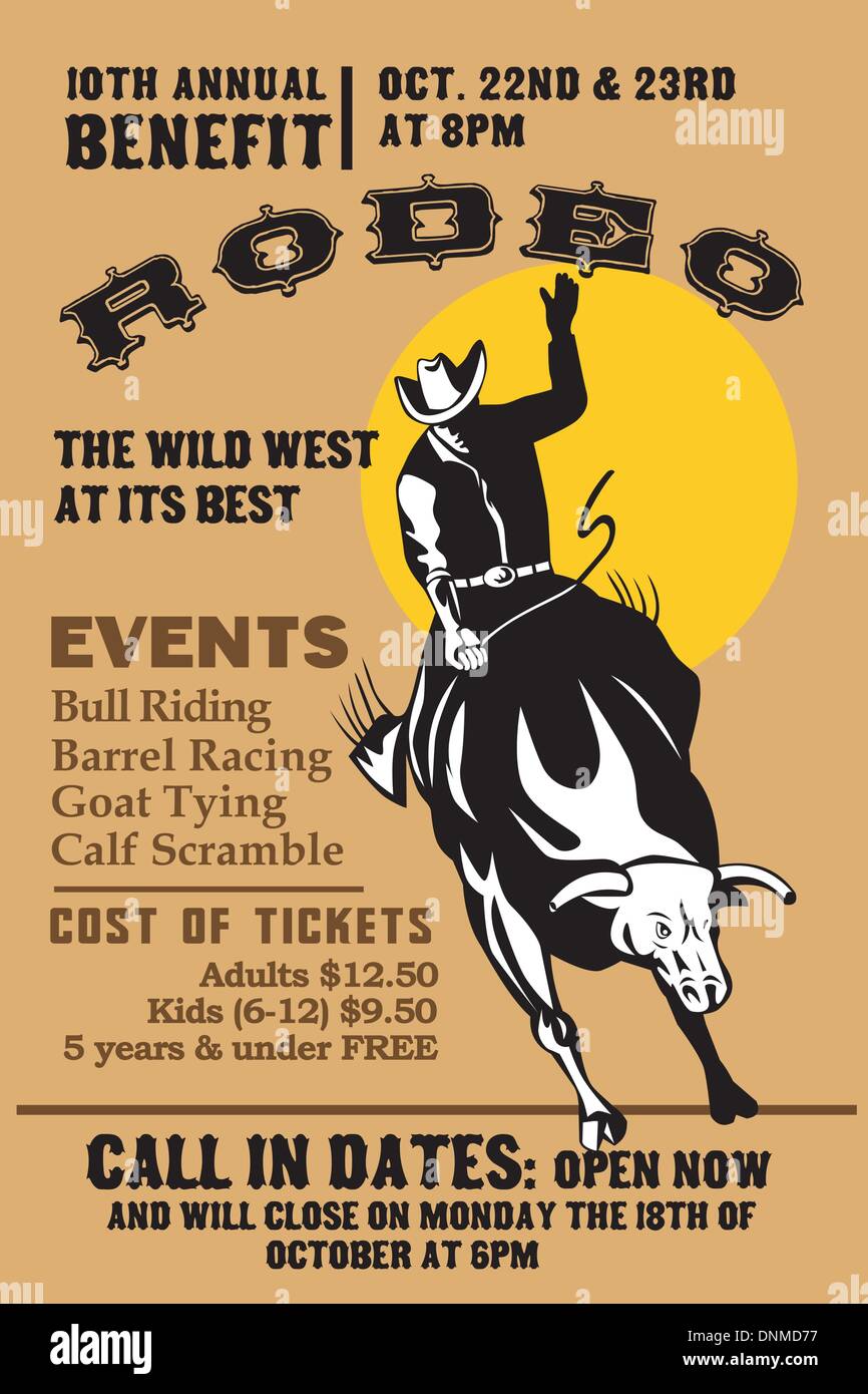 Estilo Retro Ilustración De Un Póster Que Muestra Un Americano Rodeo Vaquero Montando Un Toro