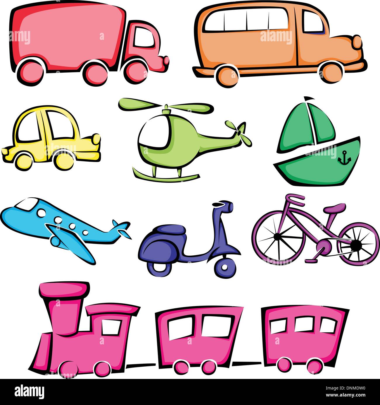 Una ilustración vectorial de diferentes iconos de vehículos de transporte Ilustración del Vector