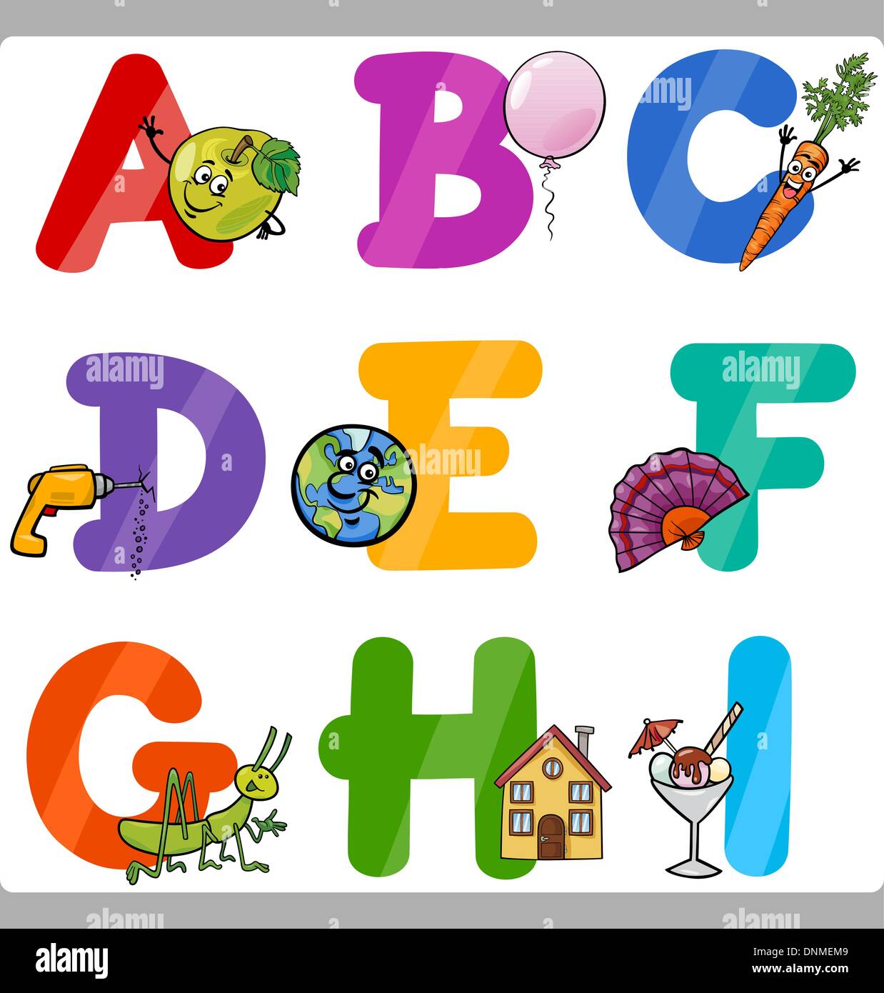 Ilustración de dibujos animados de divertidas Letras mayúsculas alfabeto  con objetos para el vocabulario y lenguaje para niños de educación a Imagen  Vector de stock - Alamy