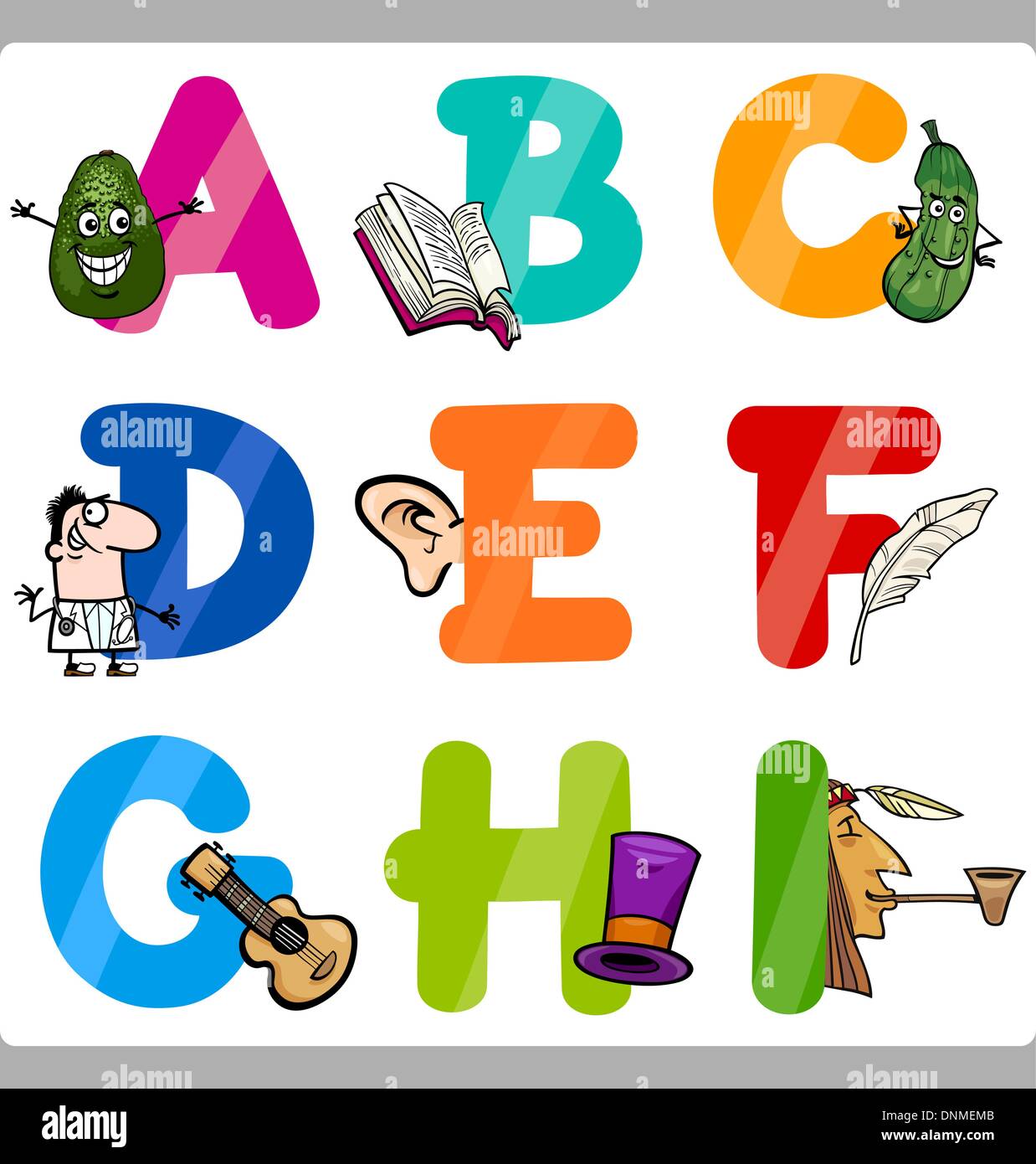 Ilustración de dibujos animados de divertidas Letras mayúsculas alfabeto  con objetos para el vocabulario y lenguaje para niños de educación a Imagen  Vector de stock - Alamy