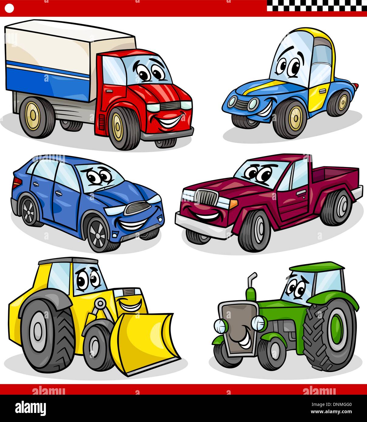 Ilustración de dibujos animados de coches y camiones, vehículos y máquinas  personajes de historietas para niños Imagen Vector de stock - Alamy